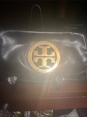 Tory Burch Black Leather Clutch with Gold Logo Medallion